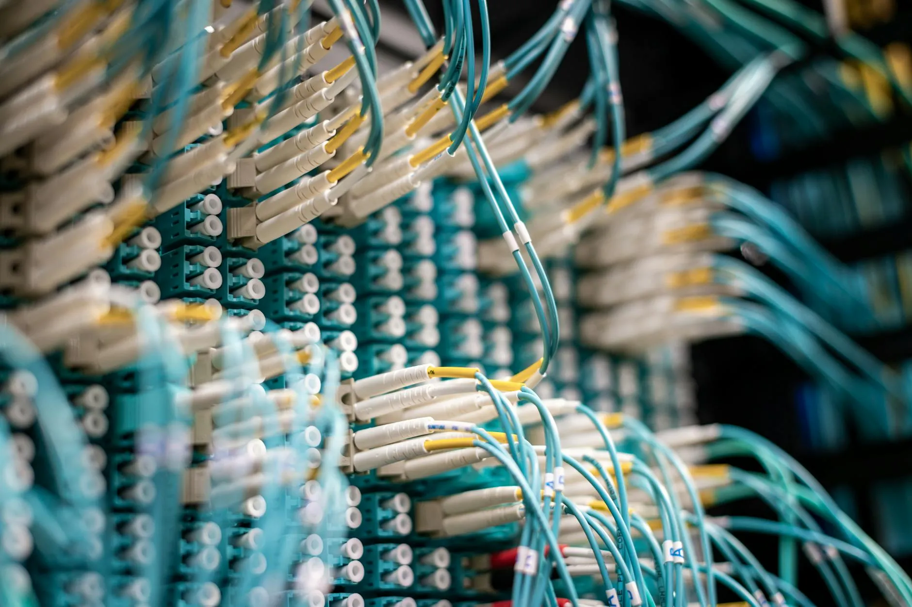 Fiber optic connectors patched into a server room