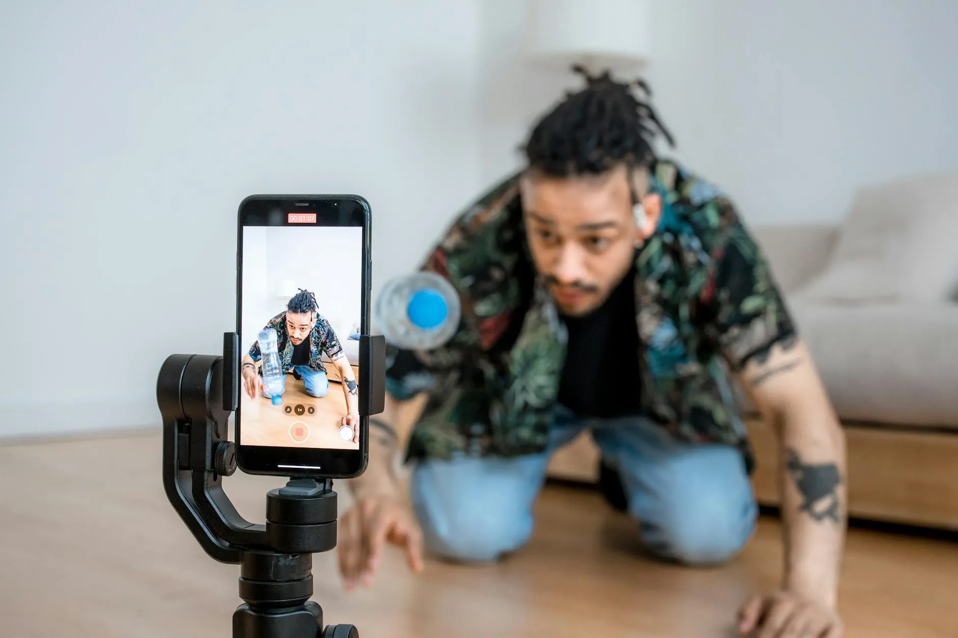 A creator filming content on a gimbal