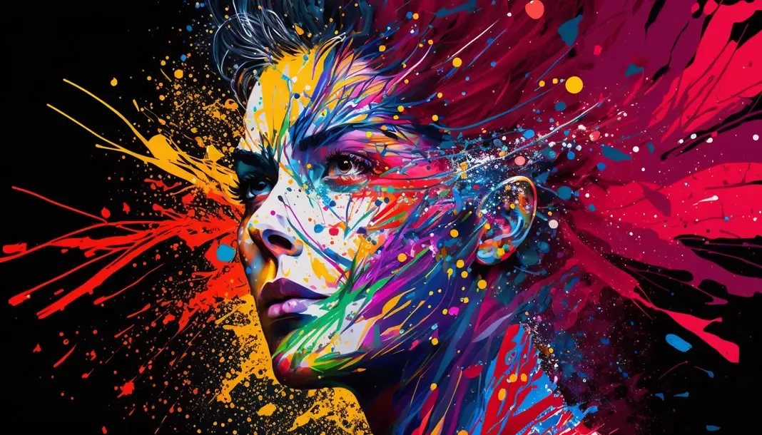 A portrait dissolving into expressive color, rendered in monochrome